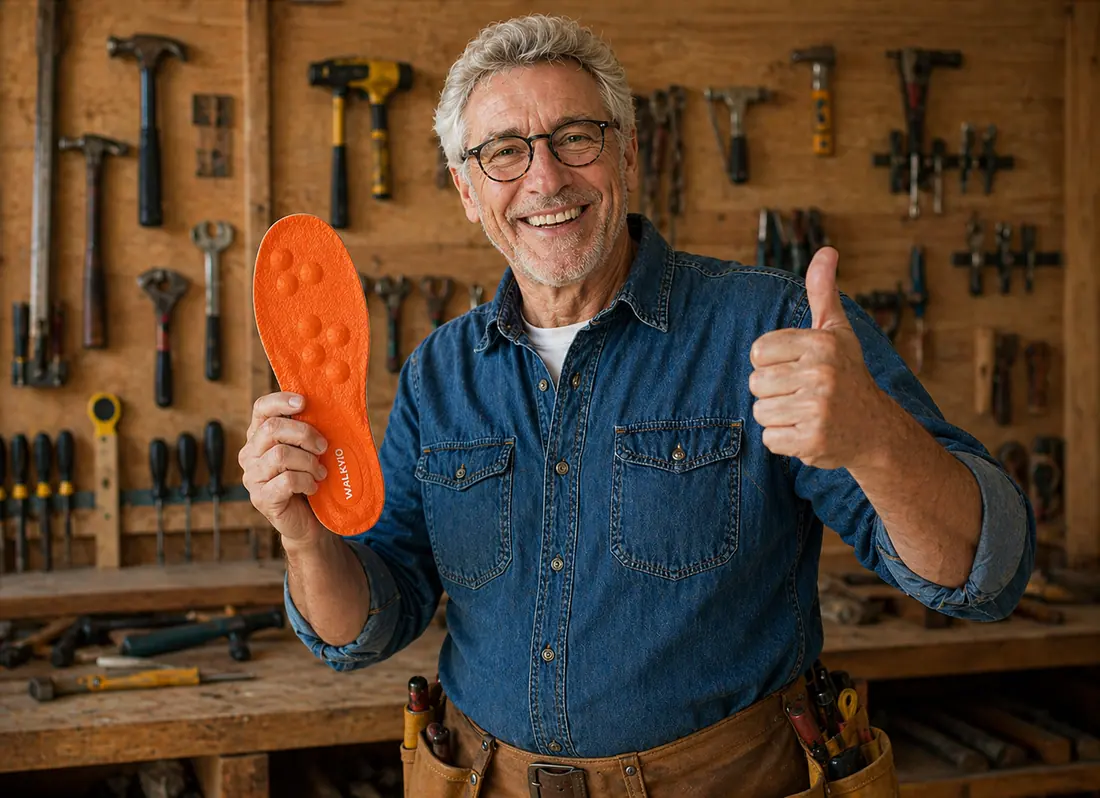 Senior craftsman in workshop giving thumbs up while holding Walkvio comfort insole