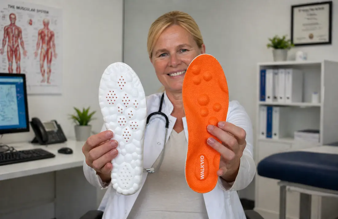 Customer holding both sides of Walkvio comfort insoles for arch support
