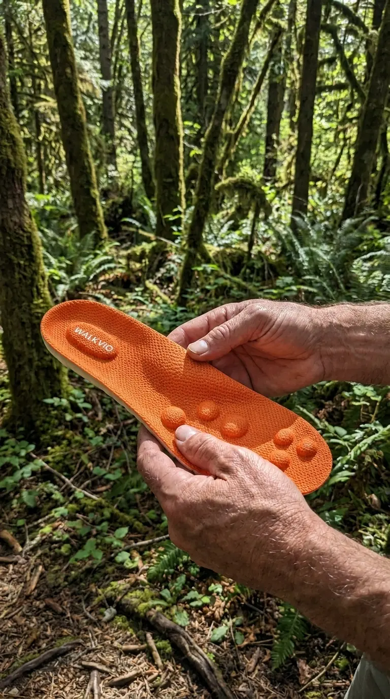Hiker holding Walkvio orange massage insole in mossy Pacific Northwest forest