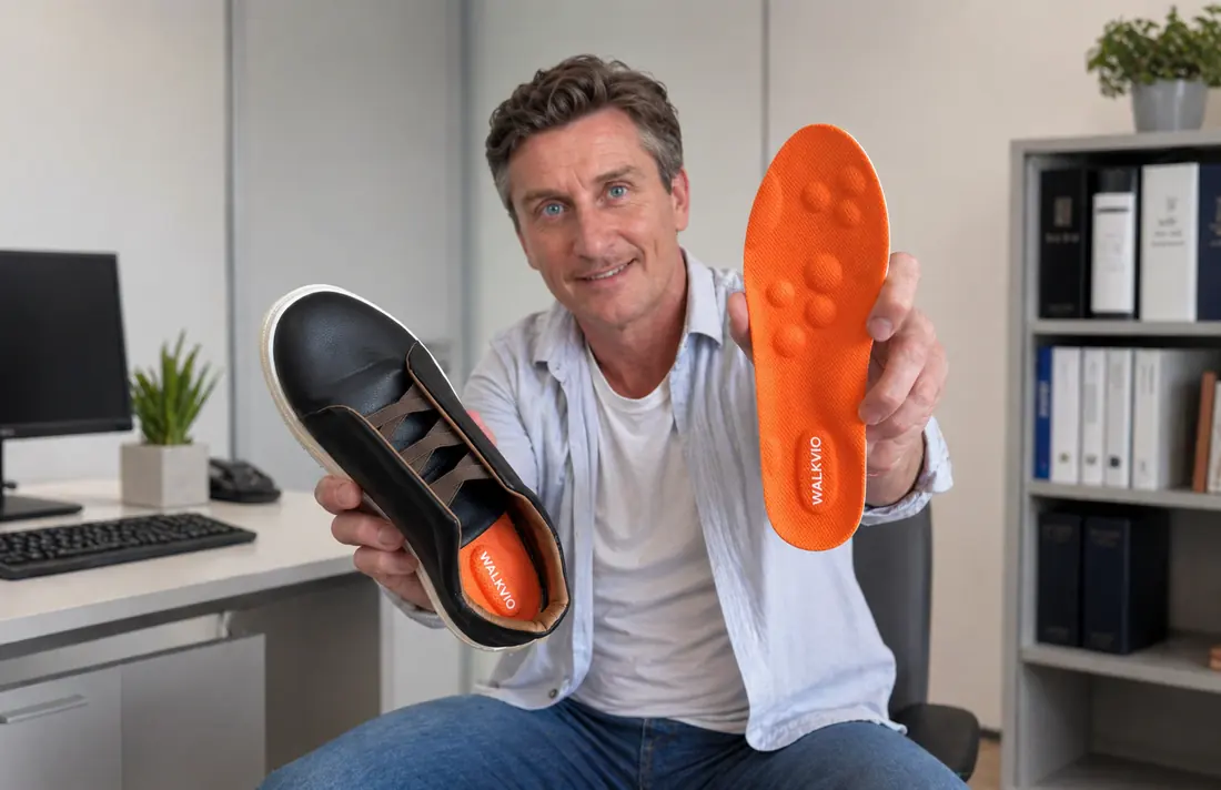 Man holding leather shoe with Walkvio orange insole inside, showing the fit